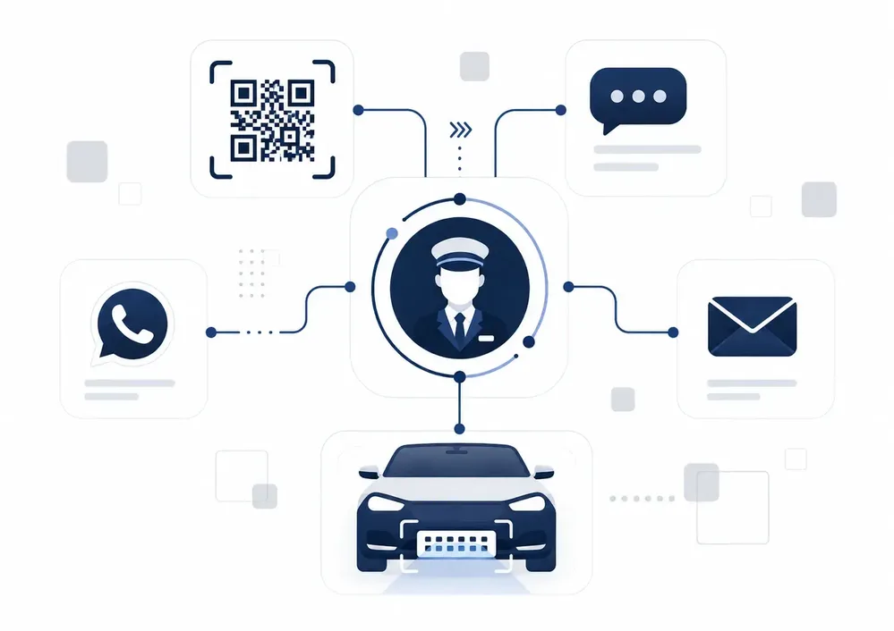 Visual de control operativo Smarter Valet con QR, WhatsApp, SMS, correo y lectura de placas